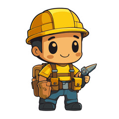 Kawaii chibi electrician character icon with a cheerful expression and safety gear in a bright, friendly style