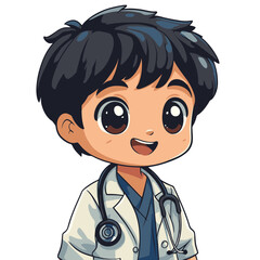 Cute kawaii chibi doctor character icon in a cheerful pose representing healthcare and kindness