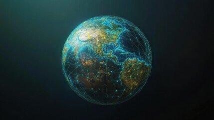 Naklejka premium 3D-rendered globe with bright blue network links connecting major cities, symbolizing worldwide internet connectivity, digital communication, and global business, isolated on dark gradient background.