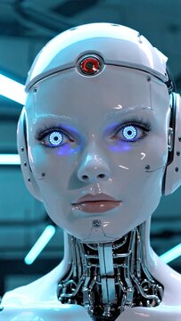 Realistic portrait of a female gynoid with glowing blue eyes and visible cybernetic components, standing in a high tech laboratory environment with neon lights
