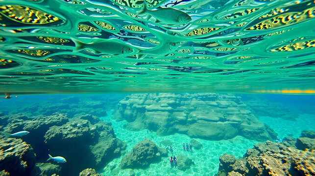 Mediterranean sea coastline with tourists in summer and a school of fish underwater, split view above and below water surface, Spain, Costa Brava, Roses, Cala Rostella, Catalonia, Girona