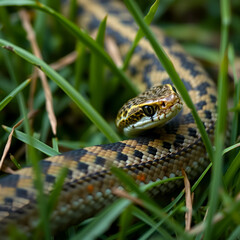 Fototapeta premium close up of a boa snake slithering the grass
