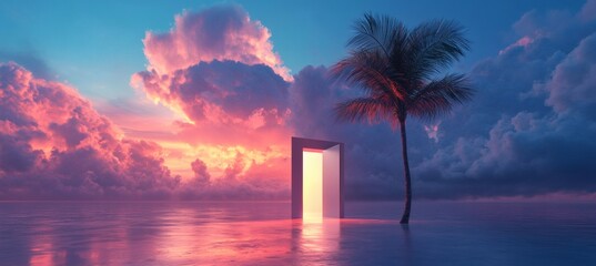 Surreal doorway in flat landscape opening to tropical palm and pastel sky symbolizing hope and alternate future reality

