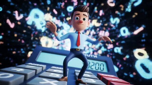 Character Walking on Calculator with Numbers Background Slow Motion