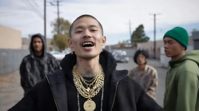 Rapper young man rapping on a street