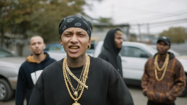 Rapper young man rapping on a street