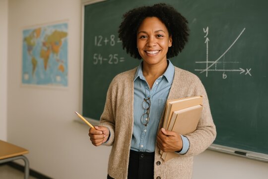 Teacher holding books smiling