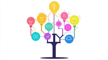 A creative mind map chart clipart, brainstorming process element, colorful connected nodes, flat design, isolated on white background.