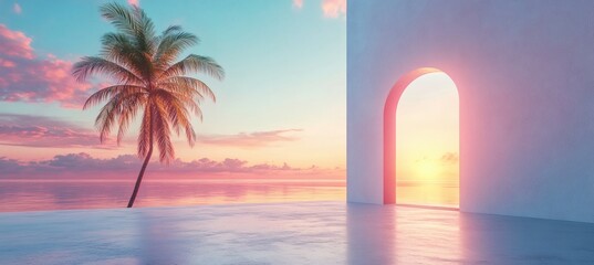 Surreal doorway in flat landscape opening to tropical palm and pastel sky symbolizing hope and alternate future reality

