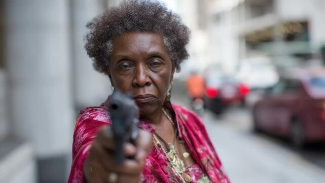 Elderly grandma woman holding a gun on a street