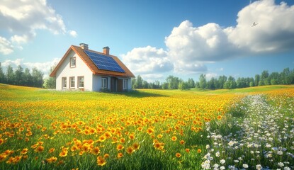 A charming, sun-drenched home sits amidst a vibrant field of flowers. Solar panels adorn the roof, suggesting eco-friendly living