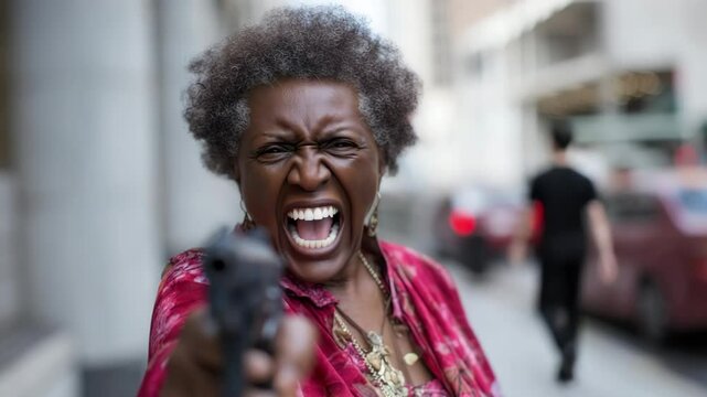 Elderly grandma woman holding a gun on a street