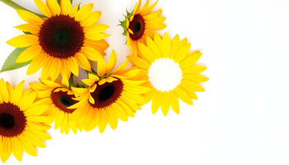 Flowers yellow sunflowers ( Helianthus annuus ) on a white background with space for text. Top view, flat lay, crayon drawing. isolated with white highlights