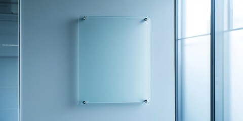 Transparent glass board mounted on a wall in a modern office environment during daytime