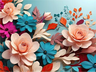 "Vibrant Paper Flower Arrangement with Green Leaves on Blue Backdrop, Top View with Copy Space"