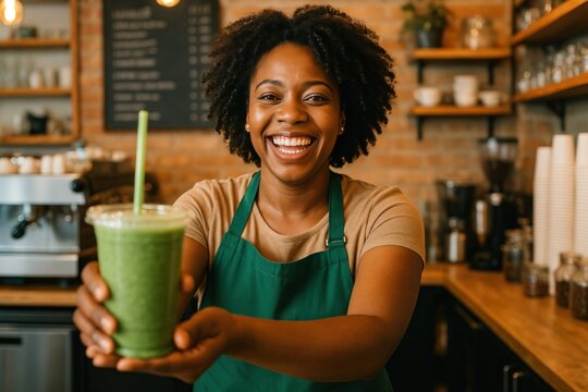 Joyful barista offers green smoothie.