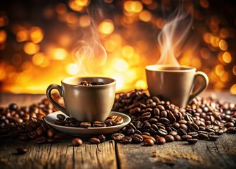 Aromatic Coffee: Steam Rising from Cups and Beans - Stock Photo