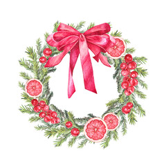 Watercolor green christmas tree fir wreath with red bow and berries and grapefruit isolated on white background. Circle frame border template. Hand-drawn clipart with copy space for new year card