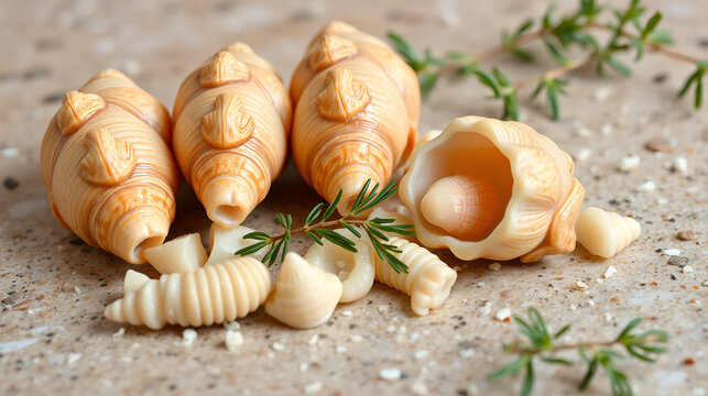 Gusci di lumache conchiglie e teschio sulla pietra viva