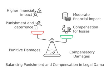 Balancing Punishment and Compensation in Legal Damages: A visual representation of legal damages, featuring a balance scale comparing punitive damages with compensatory damages.