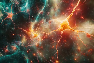 Obraz premium Neurons, vibrant and intricate, are spread across a cosmic nebula, showcasing the complex structure of the nervous system. 