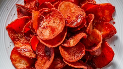 Bold red potato chips with tangy-sweet ketchup seasoning