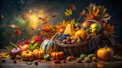 Autumn Abundance: Cornucopia Overflowing with Colorful Fruits & Vegetables