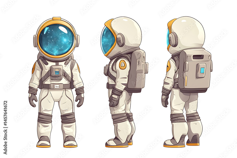 Poster cartoon astronaut character design showcasing three views in a futuristic space setting