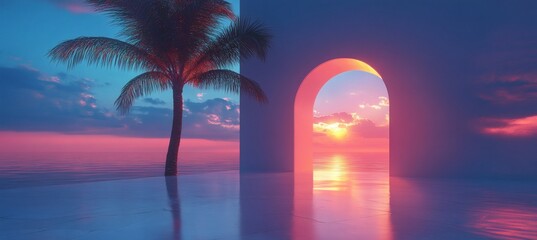 Surreal doorway in flat landscape opening to tropical palm and pastel sky symbolizing hope and alternate future reality

