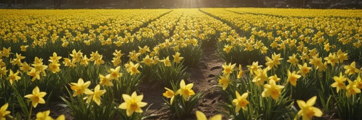 Obraz premium Sunlit daffodil field, vibrant yellow petals gleaming , golden, texture