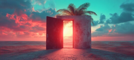 Surreal doorway in flat landscape opening to tropical palm and pastel sky symbolizing hope and alternate future reality

