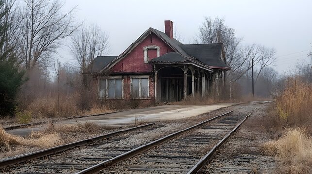 Abandoned train station in the fog - Powered by Adobe