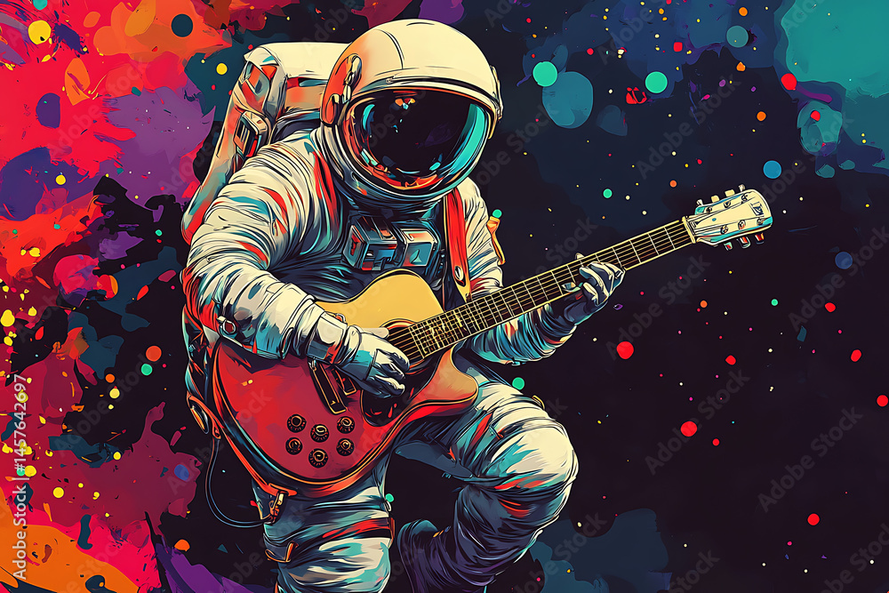 Aufkleber astronaut playing guitar in a vibrant cosmic setting with colorful splashes in the background