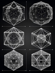 Platonic solids wireframe models. Regular convex polyhedrons in three-dimensional space with same number of identical faces meeting at each vertex. English labeled black and white illustration. Vector