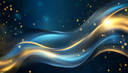 Abstract Blue and Gold Wave Background with Sparkling Particles