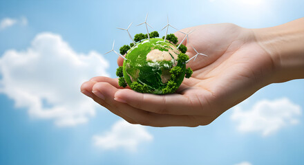 Hand Holding Green Planet of Renewable Energy