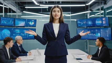 Dynamic animation of a businesswoman presenting information on multiple digital screens in a modern office. Ideal for business and technology visuals.