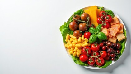 Artistically arranged Italian antipasto platter on white, charcuterie, bread, bruschetta