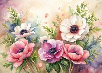 Obraz premium Blush Pink & Ivory Anemones Watercolor Portrait - Cozy Garden Vignette