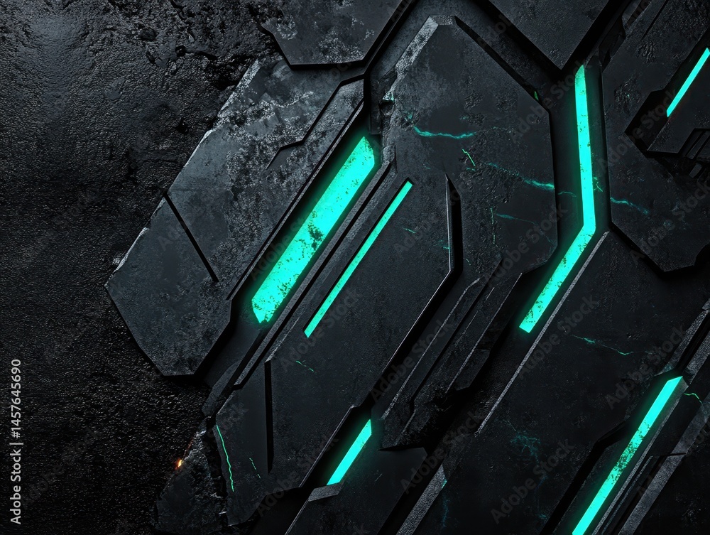 Poster dark, textured surface with teal glowing lines embedded within segmented, metallic panels
