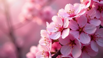 Fototapeta premium Dense, overlapping sakura flowers, full bloom, vibrant pink, floral pattern, lush, texture