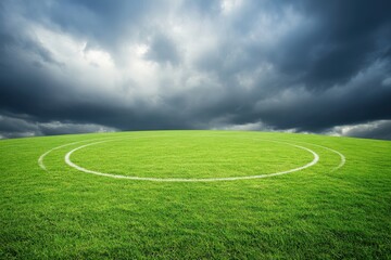 Empty soccer field center circle under a stormy sky. Lush green grass