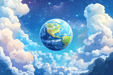 Naklejka premium A vibrant illustration of Earth surrounded by fluffy clouds in a starry sky, evoking wonder