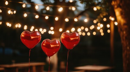 Romantic engagement party with heart-shaped balloons under fairy lights, intimate celebration setting.