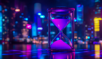 A luminous hourglass filled with vibrant purple sand set against the backdrop of a shimmering nighttime city skyline.