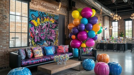 Teen birthday with graffiti-style balloons in an urban loft, edgy and modern party design.