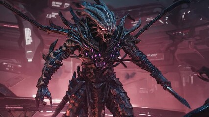 Futuristic alien monster in a spaceship environment.  Possible stock photo use video game promotional material