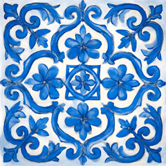 A decorative tile with a blue and white floral and swirling pattern, rendered in a painterly style