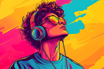 Vibrant portrait of a young man enjoying music with headphones against a colorful backdrop
