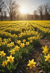 Fototapeta premium Sunlit daffodil field, vibrant yellow blooms, spring freshness, idyllic scene, nature photography